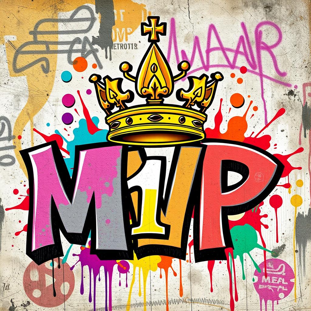 A vibrant graffiti artwork featuring the letters 'MVP' in bold, dynamic style with various shades of colors splashed around