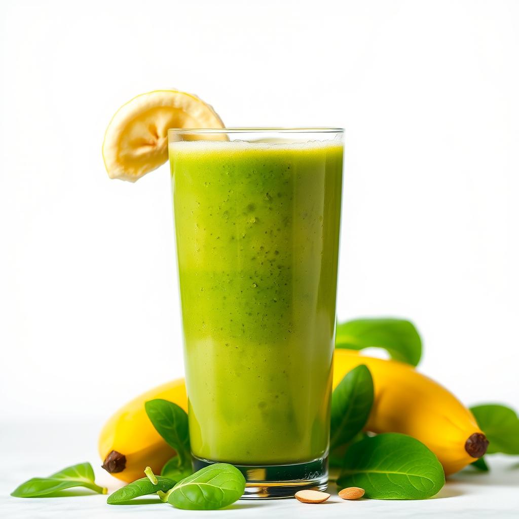A tall glass of green smoothie made with banana, spinach, and almond milk, showcasing the fresh ingredients around it such as ripe bananas and vibrant green spinach leaves