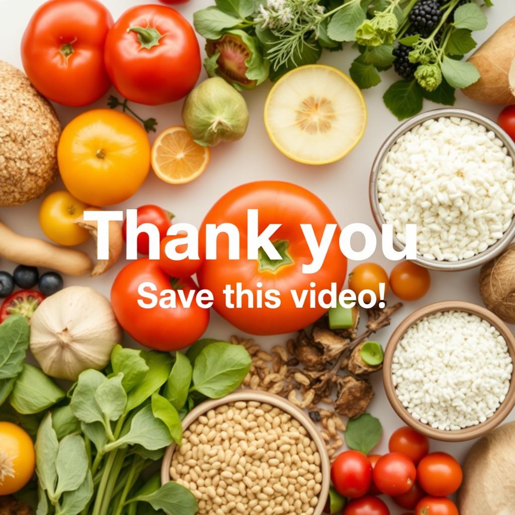 A thank you screen featuring a variety of healthy food elements such as fresh fruits, vegetables, and grains artfully arranged in the background