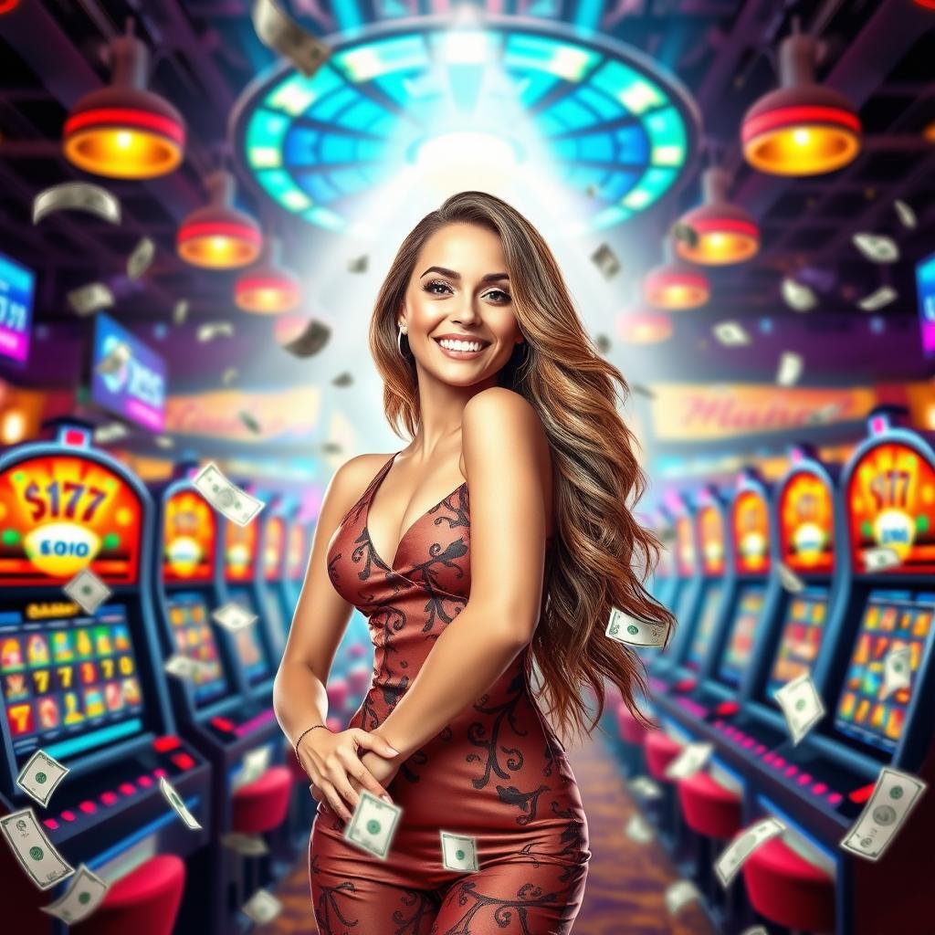 A casino banner sized 1235 x 338 pixels, filled with colorful slot machines and an attractive woman confidently smiling, dressed in an eye-catching outfit, surrounded by cascading dollar bills