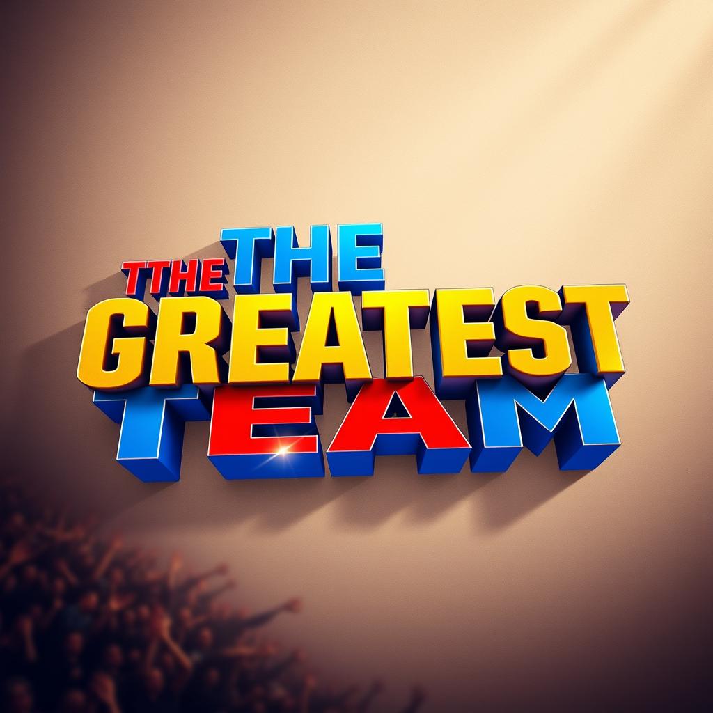 The words 'THE GREATEST TEAM' in bold, dynamic typography with a vibrant color palette blending shades of blue, red, and gold