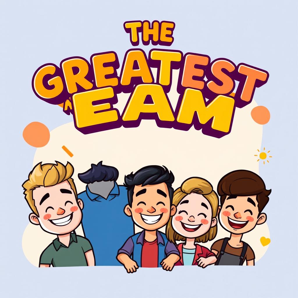 A colorful cartoon illustration featuring the bold, stylized text "THE GREATEST TEAM" in vibrant letters