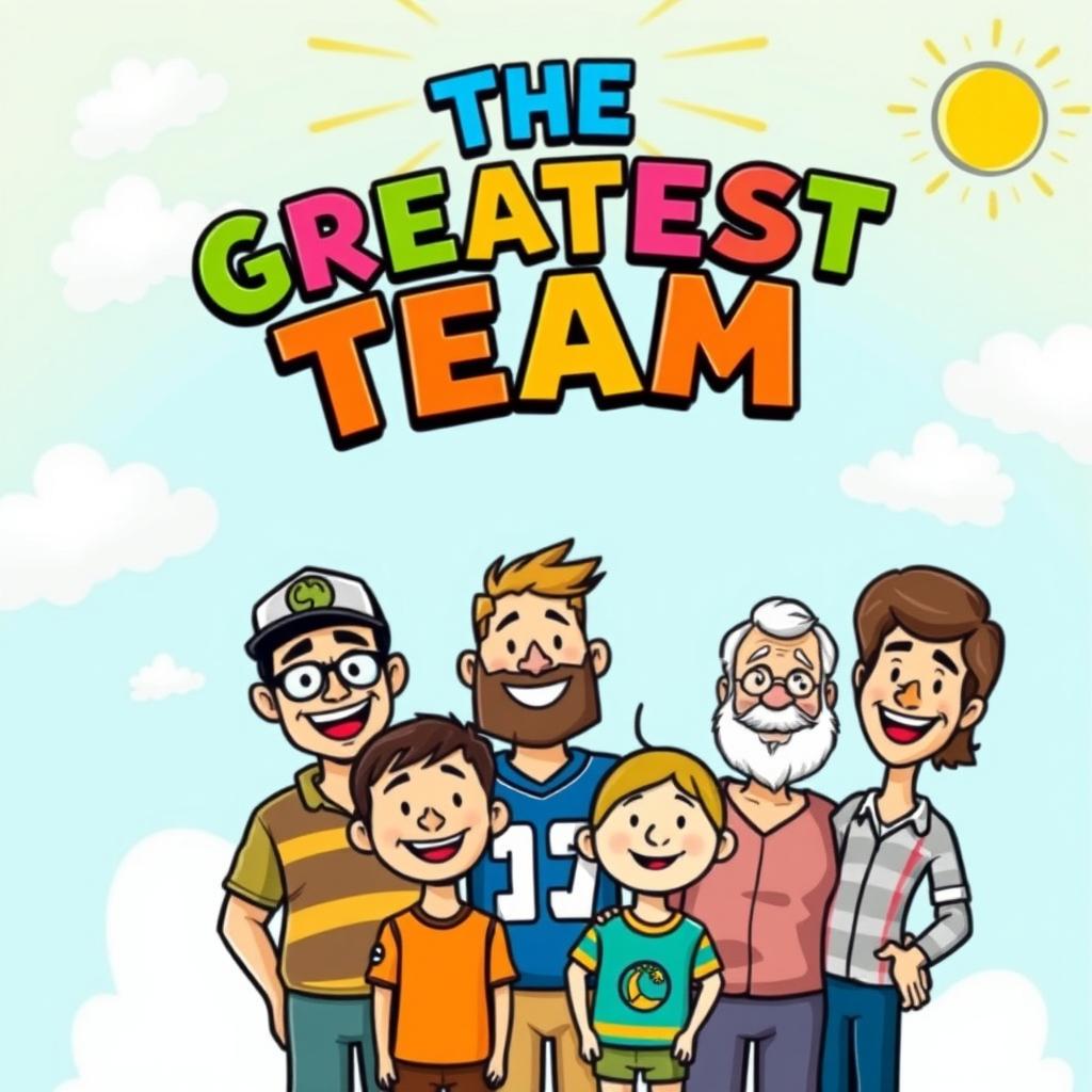 A vibrant and colorful cartoon illustration featuring the words 'THE GREATEST TEAM' in bold, playful lettering