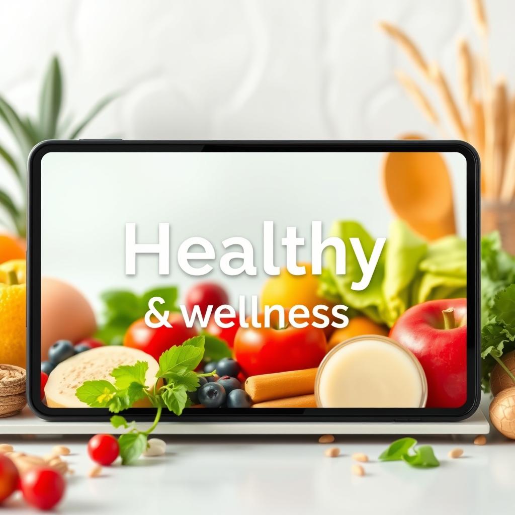 A clean, modern design featuring a vibrant screen displaying healthy food elements such as fresh fruits, vegetables, and whole grains in the background