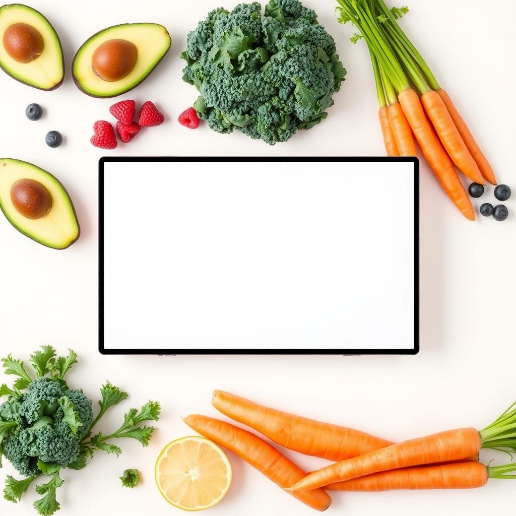 A clean, modern design featuring a vertical format screen displaying a variety of healthy food elements in the background