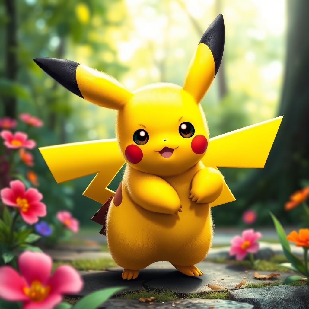 A realistic depiction of Pikachu, featuring its iconic yellow fur, large ears with black tips, and bright, expressive eyes