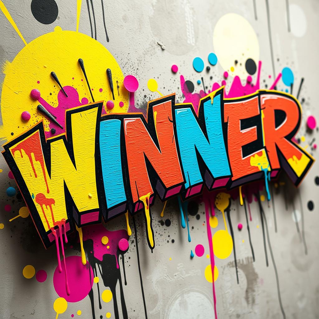 The word 'WINNER' in bold, colorful graffiti style, featuring vibrant colors like neon pink, electric blue, and bright yellow, with a textured spray paint effect