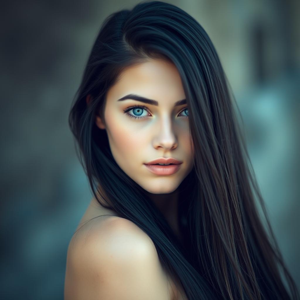 A stunning portrait of a young woman with long, flowing black hair cascading over her shoulders