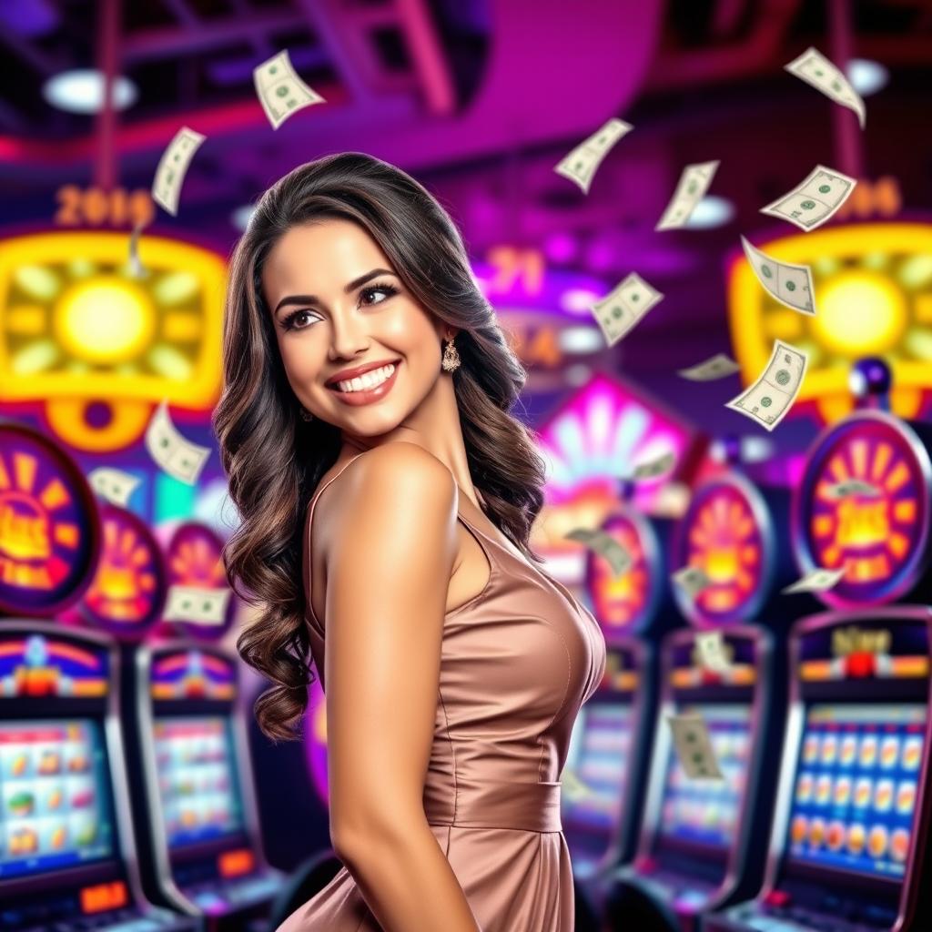A casino banner sized 1235 x 338 pixels, showcasing a vibrant scene with multiple slot machines in the foreground, an attractive woman with a dazzling smile dressed in an elegant outfit, joyfully surrounded by swirling dollar bills