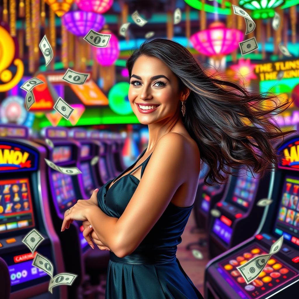 A casino banner sized 1235 x 338 pixels, showcasing an exciting arrangement of colorful slot machines, featuring an attractive woman with a radiant smile dressed in an elegant outfit, playfully surrounded by swirling dollar bills