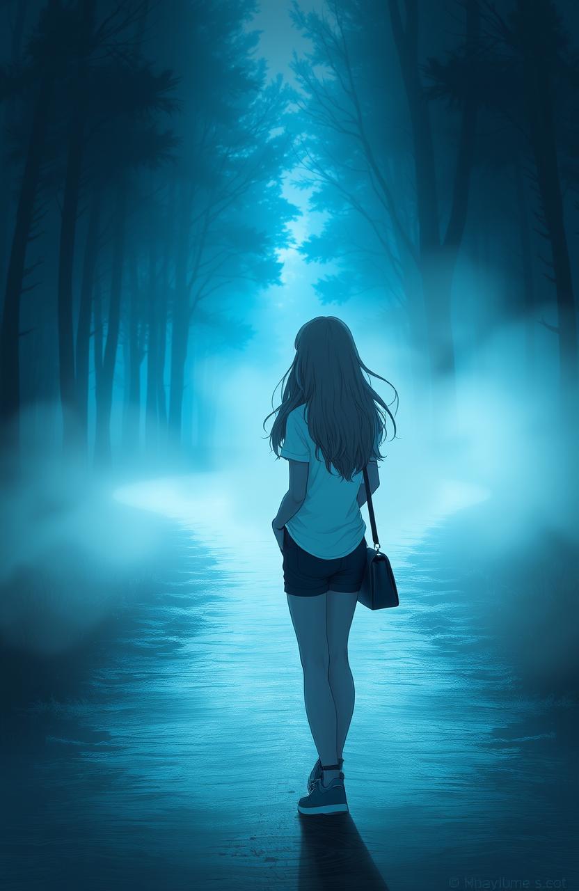 A girl standing at a crossroads, looking contemplatively at two different paths, one leading to a serene blue forest and the other to a mysterious gray mist