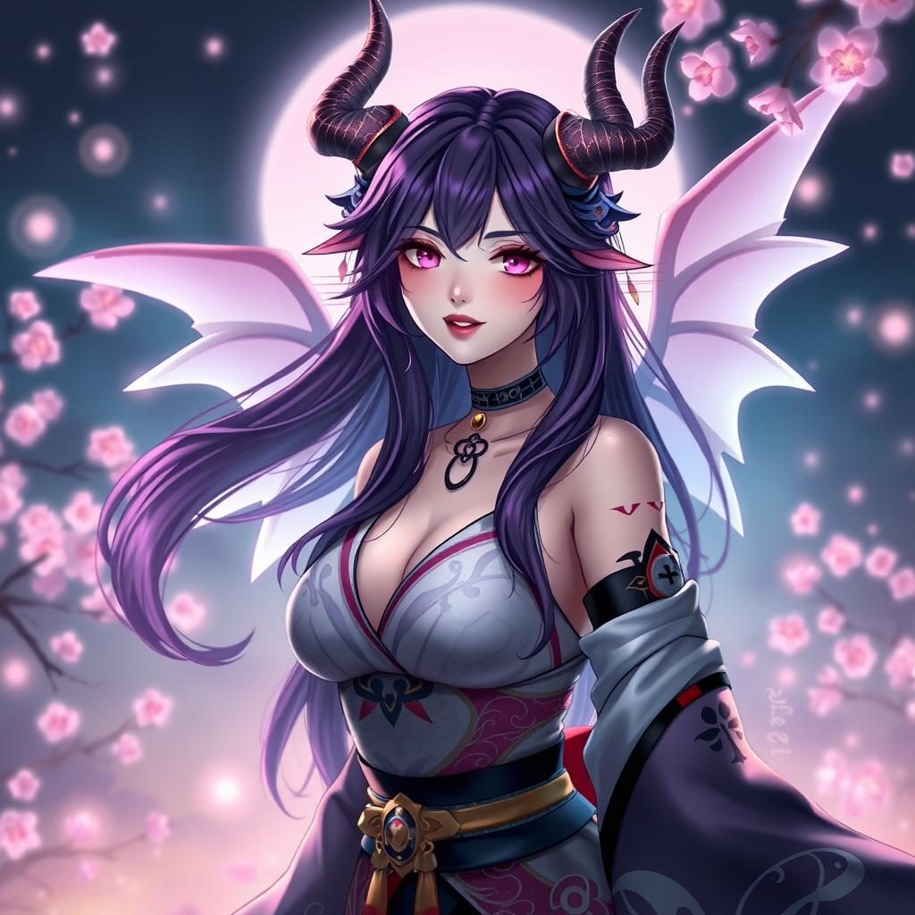 A captivating and alluring succubus version of Raiden Shogun, featuring flowing long purple hair, an enchanting smile, and distinct ethereal wings