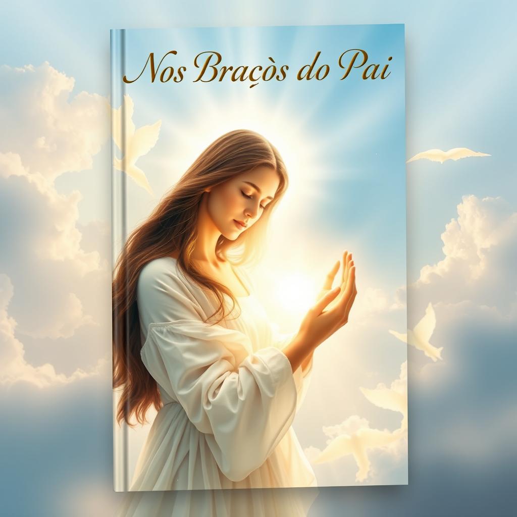 A beautiful book cover titled "Nos Braços do Pai" featuring a serene scene of a feminine figure being embraced by a celestial representation of God