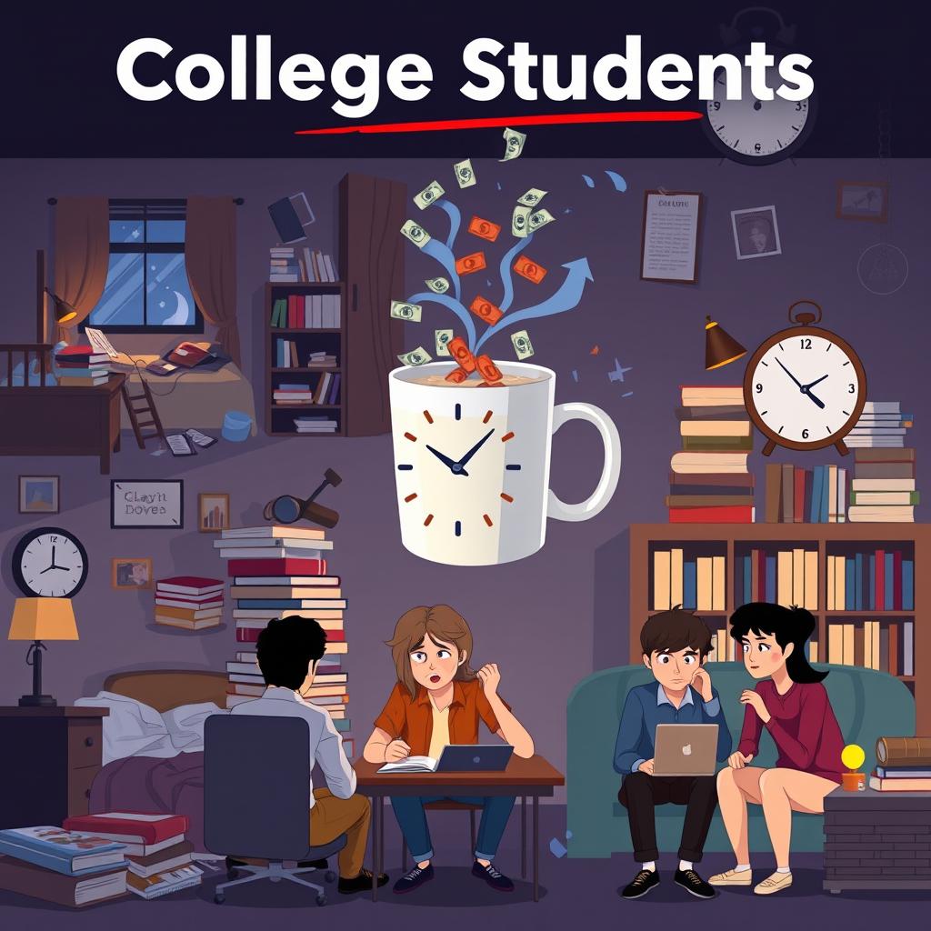 An animated image depicting the struggles and challenges faced by college students, showcasing scenes like late-night studying with messy dorm rooms, students feeling overwhelmed with stacks of books and papers, financial stress with bills piling up, and individuals dealing with the pressures of exams