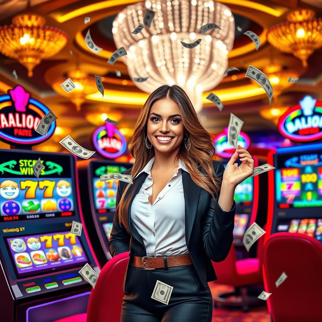 A casino banner sized 1235 x 338 pixels, showcasing an enticing scene with colorful slot machines displaying various winning symbols, featuring an attractive woman with stylish attire and a captivating smile, playfully interacting with flying dollar bills around her