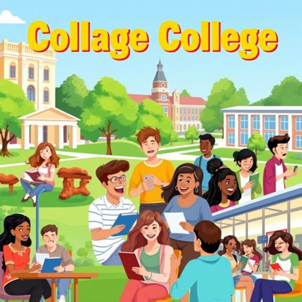 A vibrant, animated scene depicting the positive aspects of college life