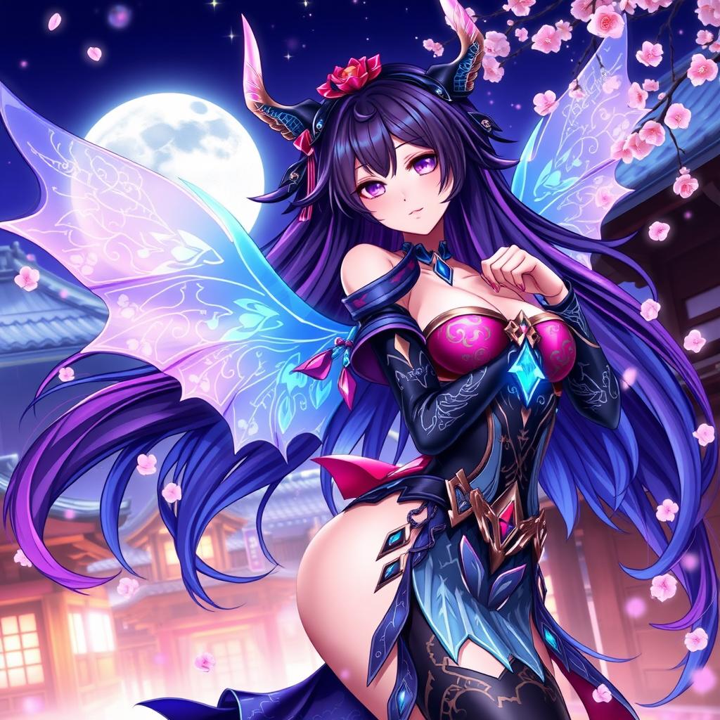 An anime-style succubus inspired by the Raiden Shogun character, radiating charisma and elegance