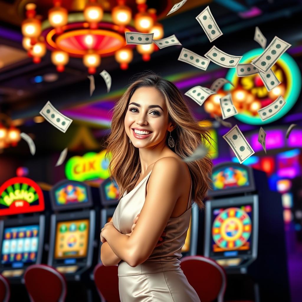 A casino banner sized 1235 x 338 pixels, featuring an exciting layout with various colorful slot machines in the foreground, and an attractive woman with a captivating smile wearing an elegant outfit, joyfully surrounded by flying dollar bills