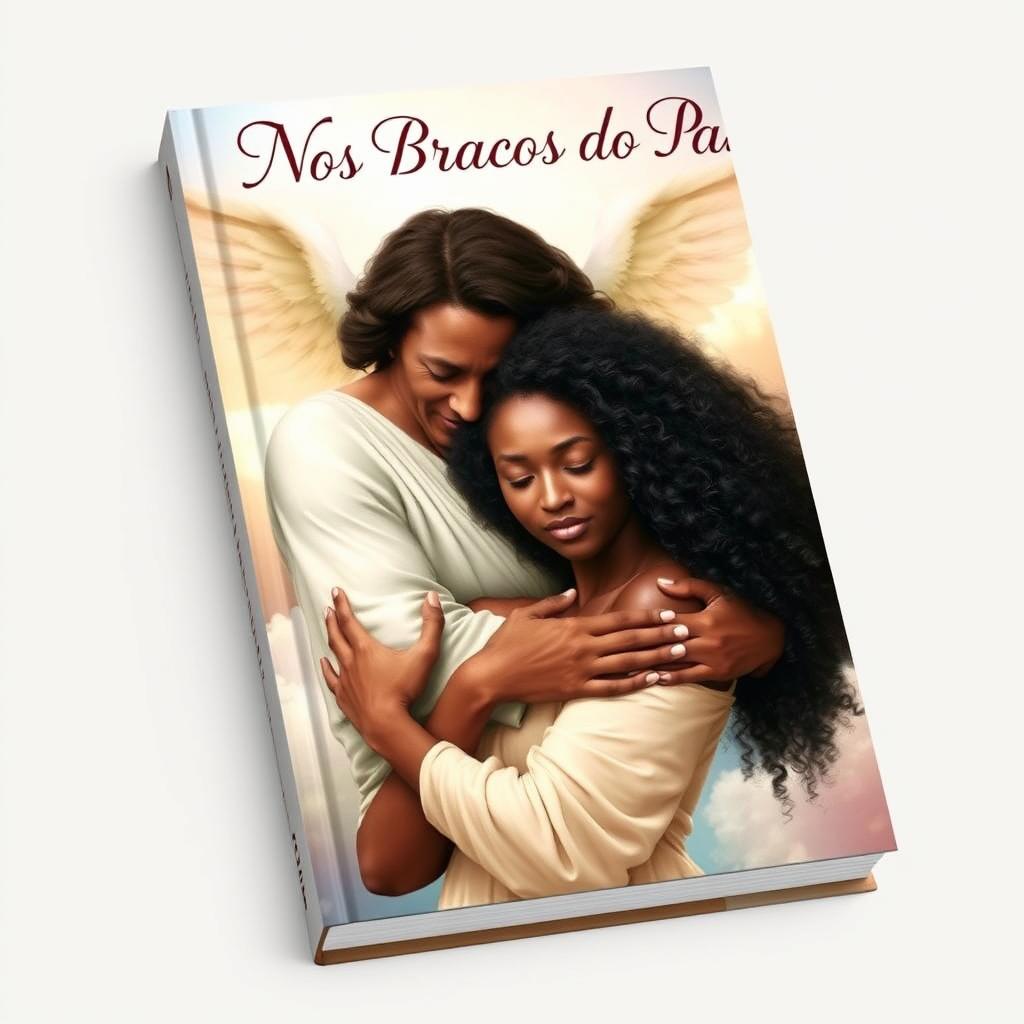 A captivating book cover titled 'Nos Braços do Pai', featuring a celestial figure representing God, gently embracing Ana, a strong and beautiful black woman with long, curly hair
