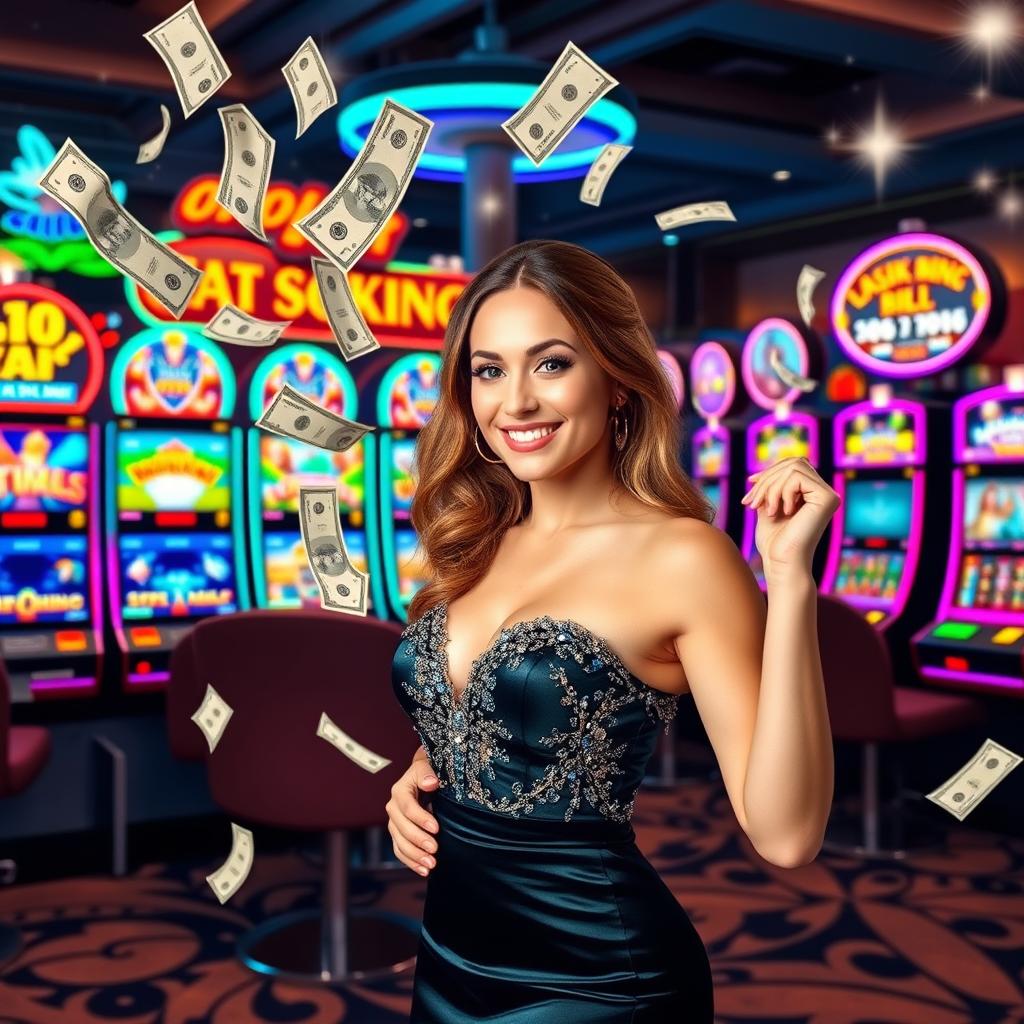 A casino banner sized 1235 x 338 pixels, featuring an engaging scene with multiple colorful slot machines displaying exciting themes and graphics, accompanied by an attractive woman with a charming smile dressed in glamorous casino attire