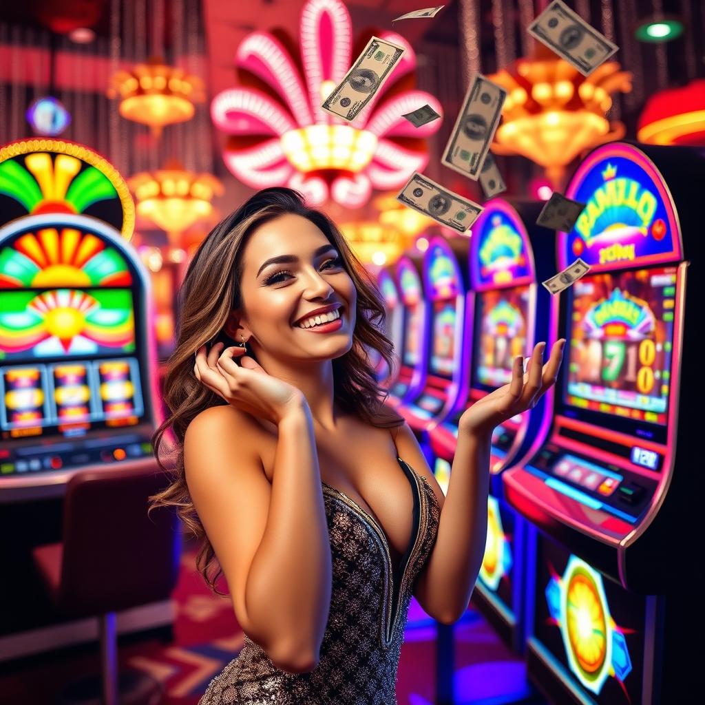 A casino banner sized 1235 x 338 pixels, featuring an eye-catching design with vibrant slot machines adorned with sparkling lights and colorful graphics
