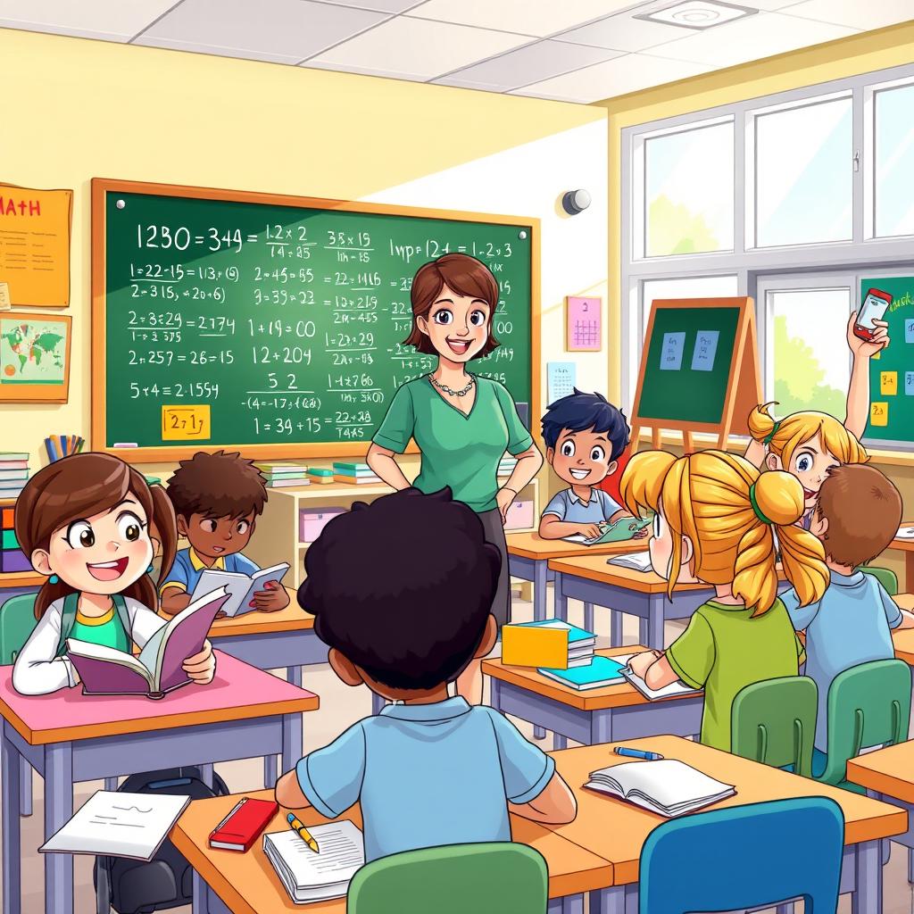 A colorful and lively animated classroom filled with diverse students actively engaged in various learning activities