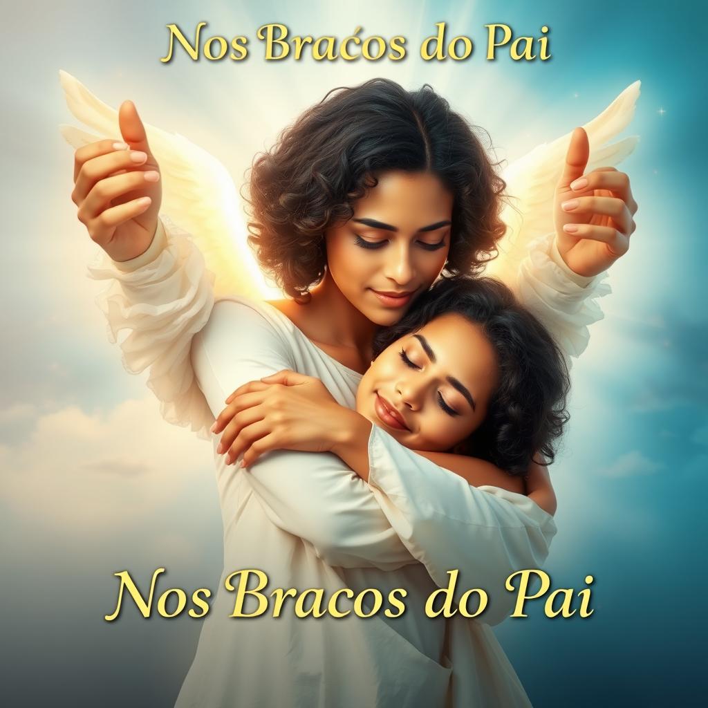 A captivating book cover for 'Nos Braços do Pai', featuring celestial arms of God embracing Ana, a woman with medium brown skin and curly shoulder-length hair