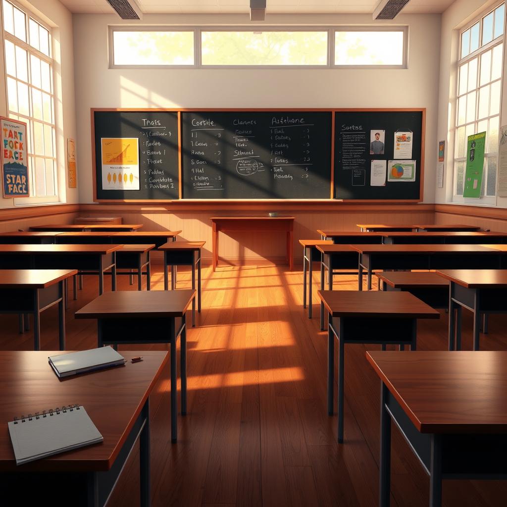A beautifully detailed, realistic animated depiction of an empty classroom