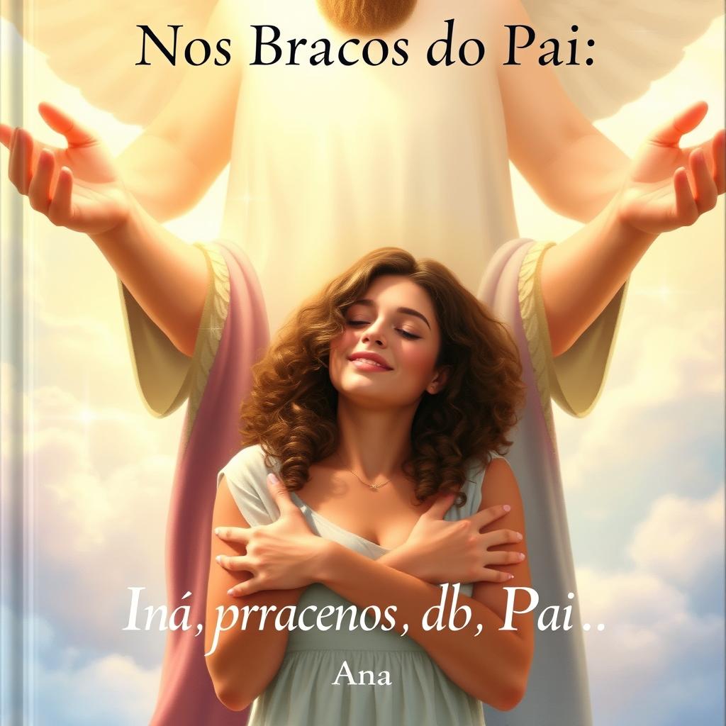 A serene book cover titled 'Nos Braços do Pai', illustrating the theme of divine embrace