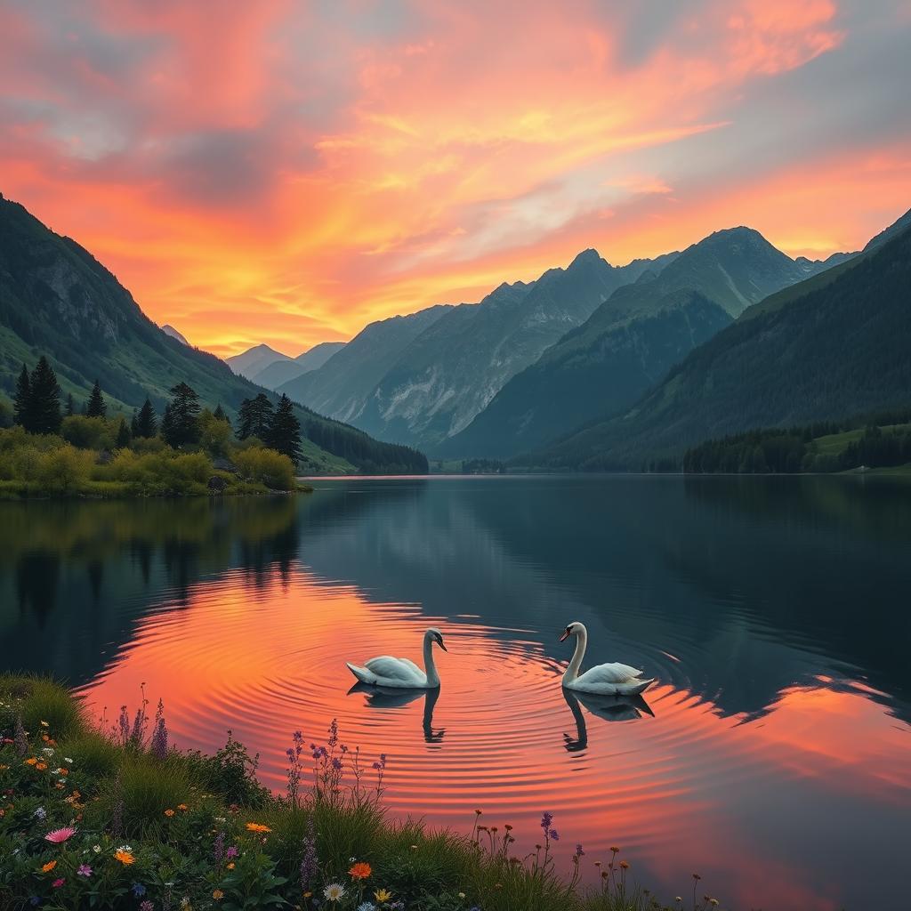A modified version of a serene landscape featuring a tranquil lake surrounded by lush greenery and majestic mountains in the background