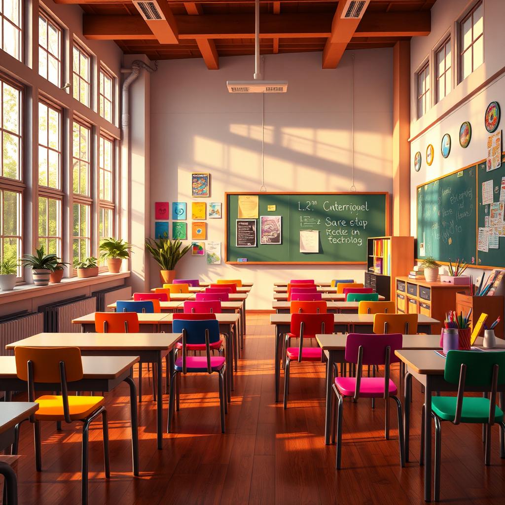 An animated realistic classroom filled with vibrant colors