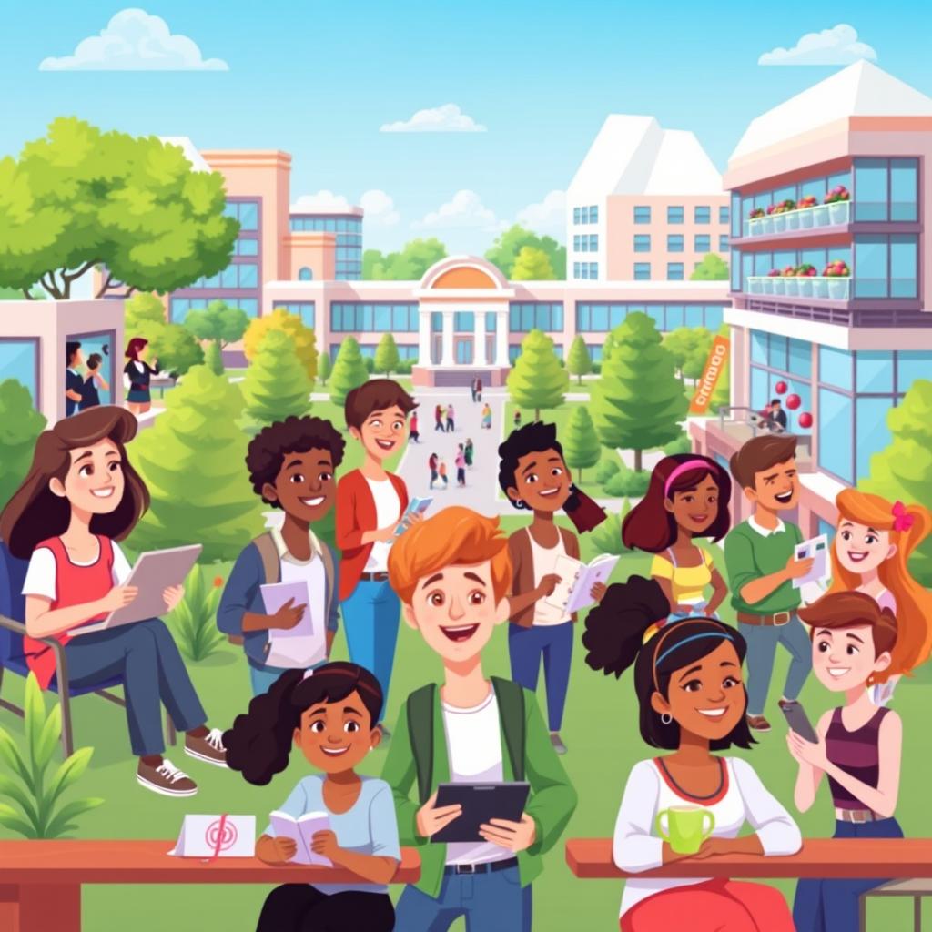 A vibrant animated scene showcasing the positive experiences of college life, depicting students engaged in various activities such as studying, collaborating in groups, attending lively lectures, enjoying campus events, and socializing at a coffee shop