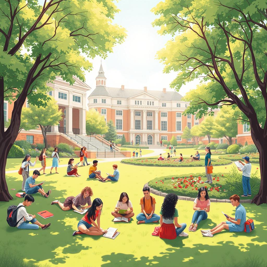 A vibrant college campus scene showcasing the positive aspects of college life