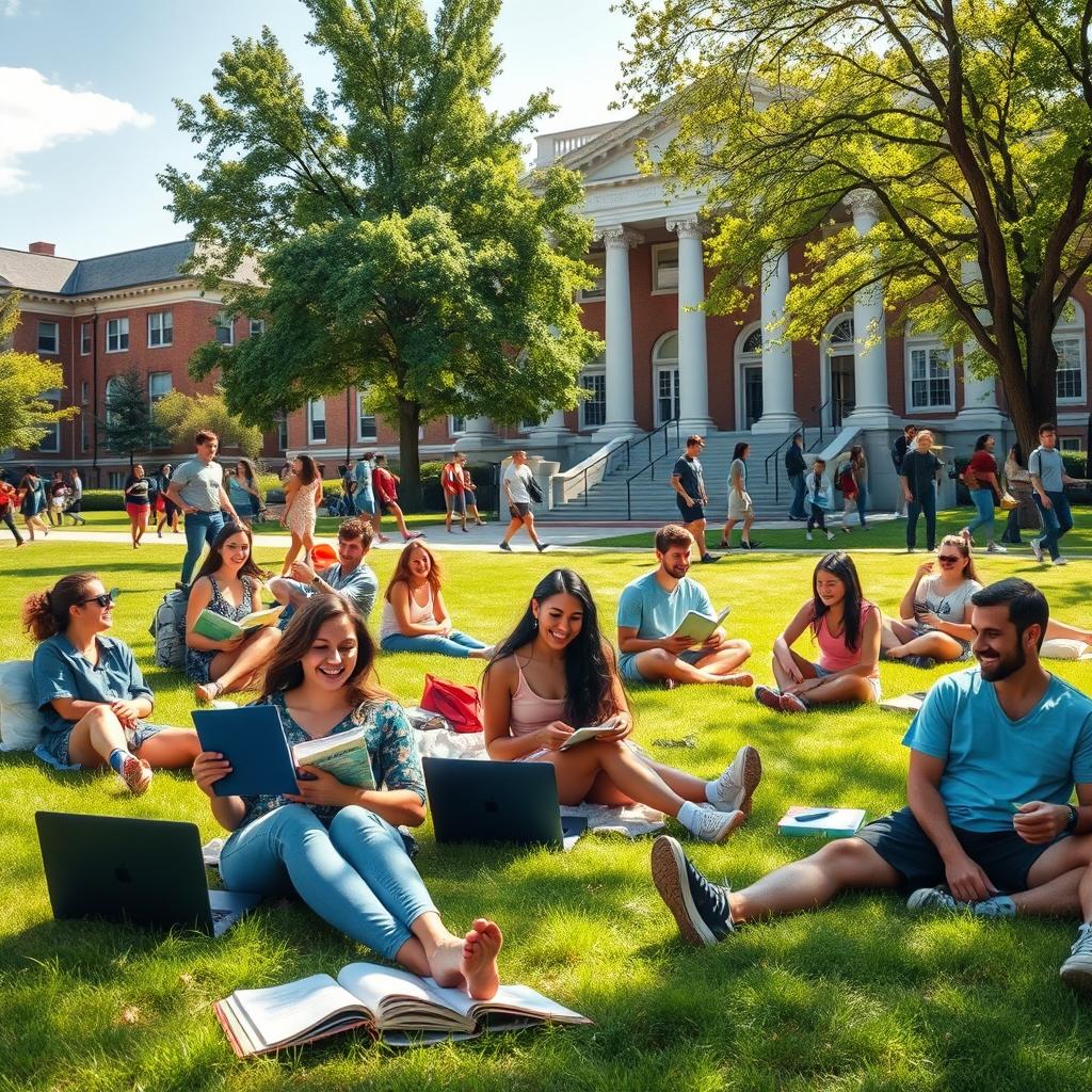 A vibrant scene depicting a diverse group of college students happily engaging in various activities on a sunny campus