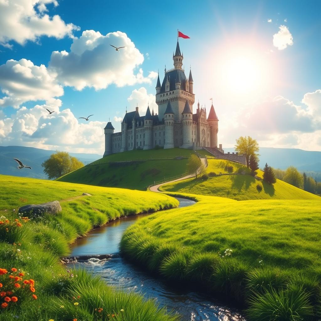 A majestic castle situated on a hilltop, surrounded by vibrant green meadows and colorful wildflowers