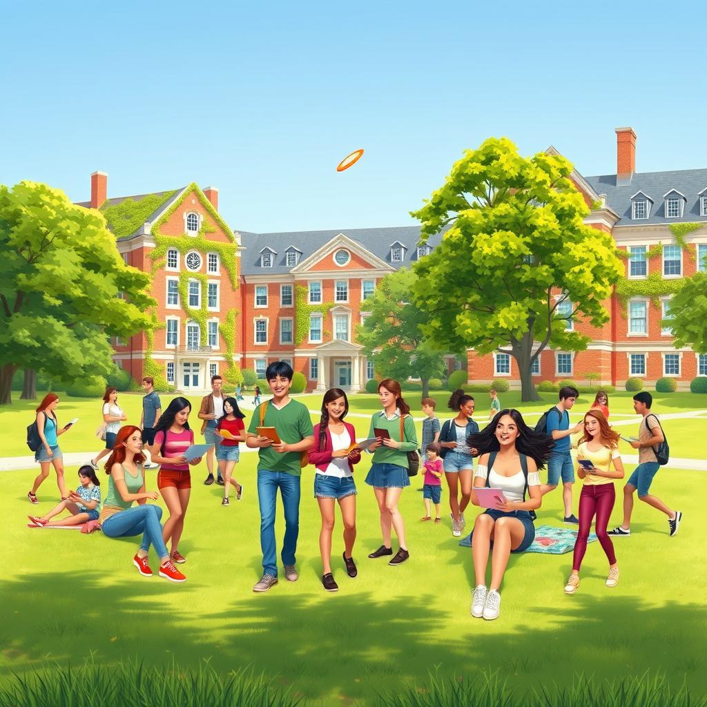 A vibrant and lively scene depicting college students enjoying their time on campus