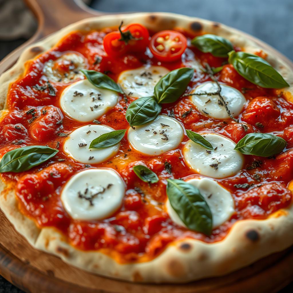 A close-up of a traditional Italian pizza, featuring a thin crust topped with fresh mozzarella, vibrant red tomato sauce, and a generous sprinkle of basil leaves