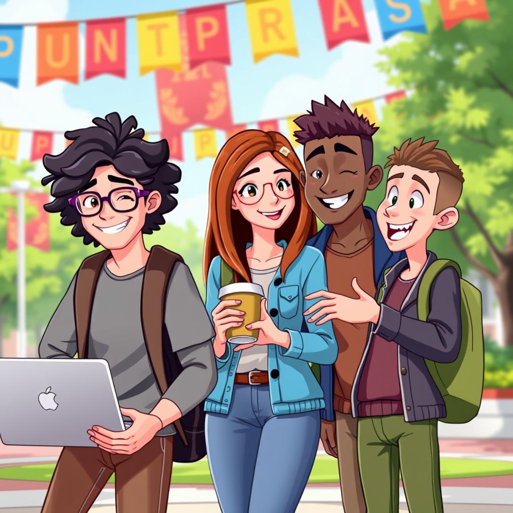 Three diverse college students animated in a vibrant, dynamic college campus setting