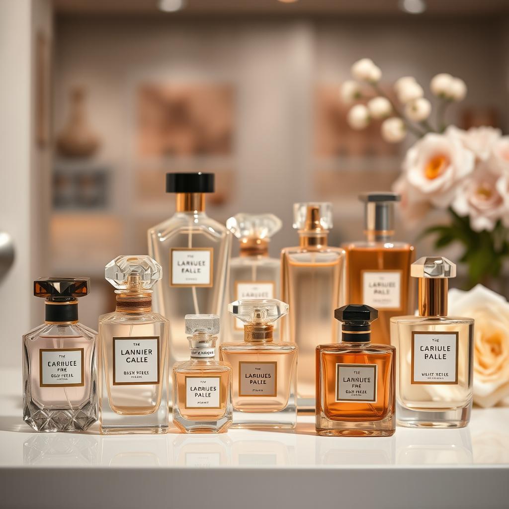A stylish and elegant composition featuring a variety of exquisite perfume bottles arranged artistically