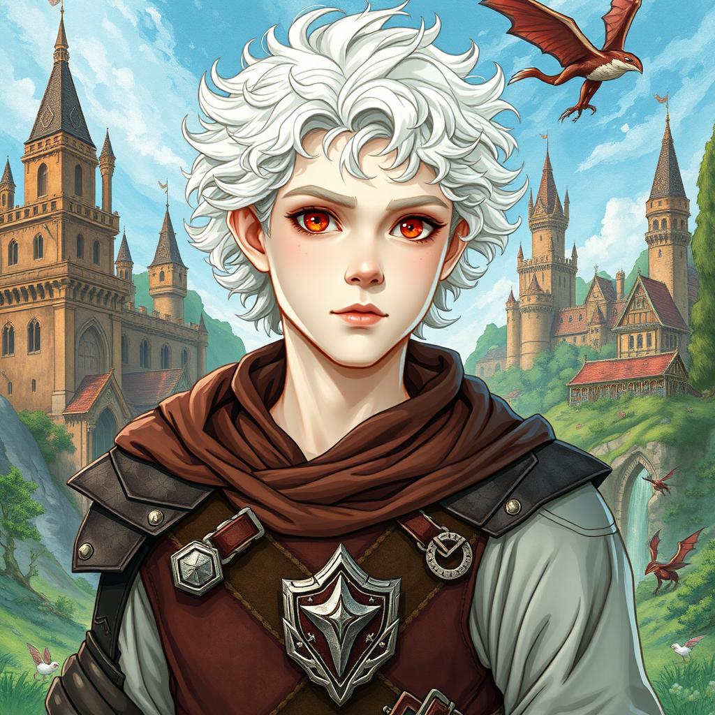 A 20-year-old albino male with pale skin, white curly hair, and striking red eyes, depicted in a fantastical Dungeons & Dragons medieval setting