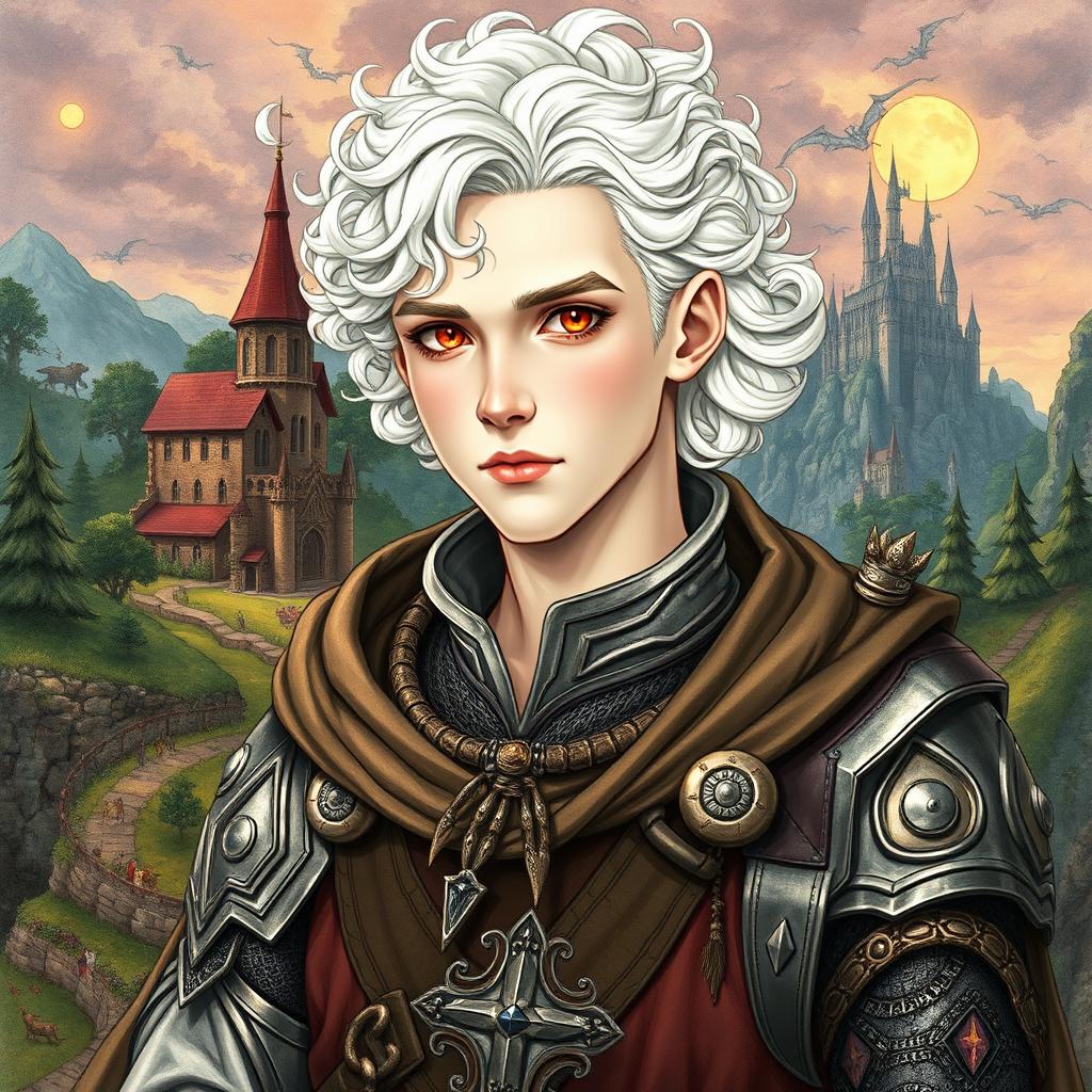 A 20-year-old albino man with pale skin, white curly hair, and vivid red eyes, illustrated in a fantasy Dungeons & Dragons medieval style