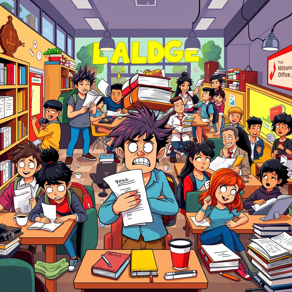 A vibrant and engaging animated scene depicting the challenges of college life, including students struggling with heavy textbooks, cramming for exams, and juggling social activities with assignments