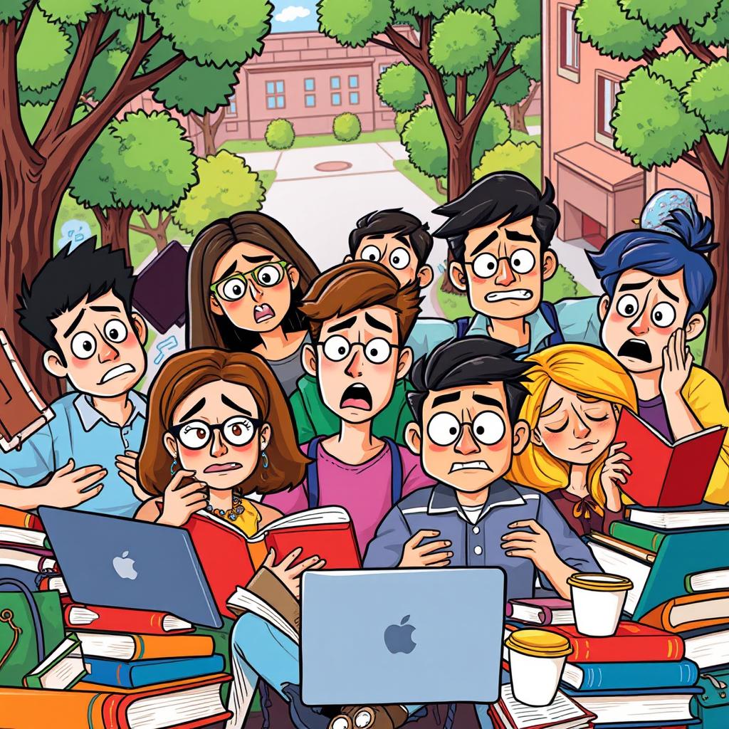 A vibrant and dynamic illustration showcasing a group of diverse college students feeling stressed