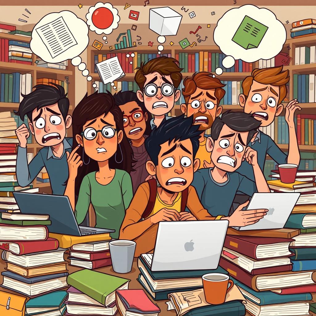 A vibrant and expressive animation depicting a group of college students experiencing stress in a dynamic study environment