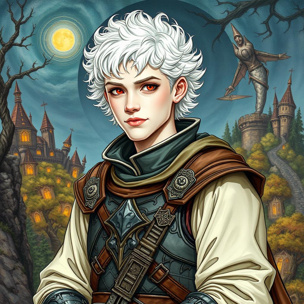 A 20-year-old albino man with pale skin, white curly hair, and bright red eyes, illustrated in a fantasy Dungeons & Dragons medieval style