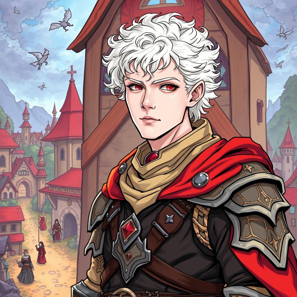 A 20-year-old albino man with pale skin, white curly hair, and bright red eyes, depicted in a fantasy Dungeons & Dragons medieval comic style