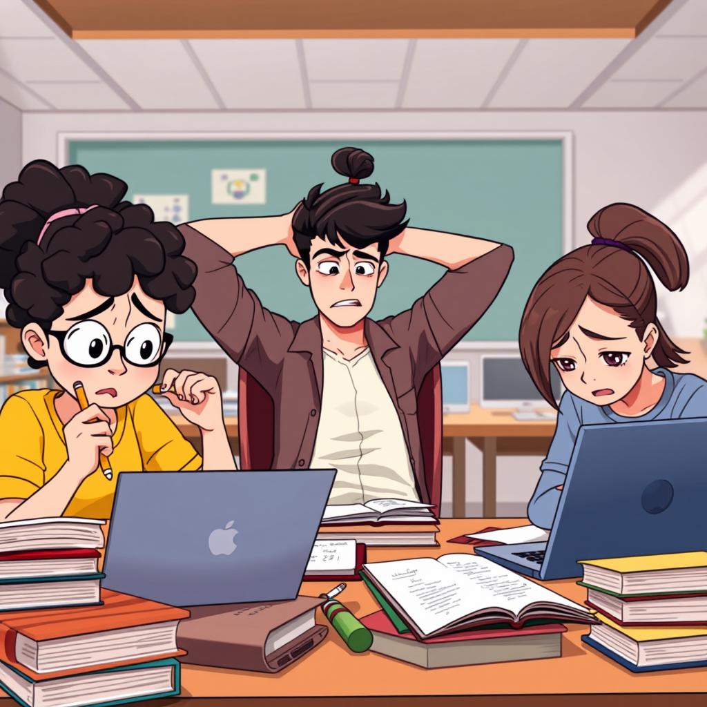 An animated scene depicting three students in a study environment, surrounded by textbooks, laptops, and notes, showing expressions of stress and anxiety