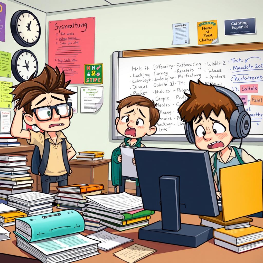 A dynamic animated scene depicting three stressed students in a classroom environment