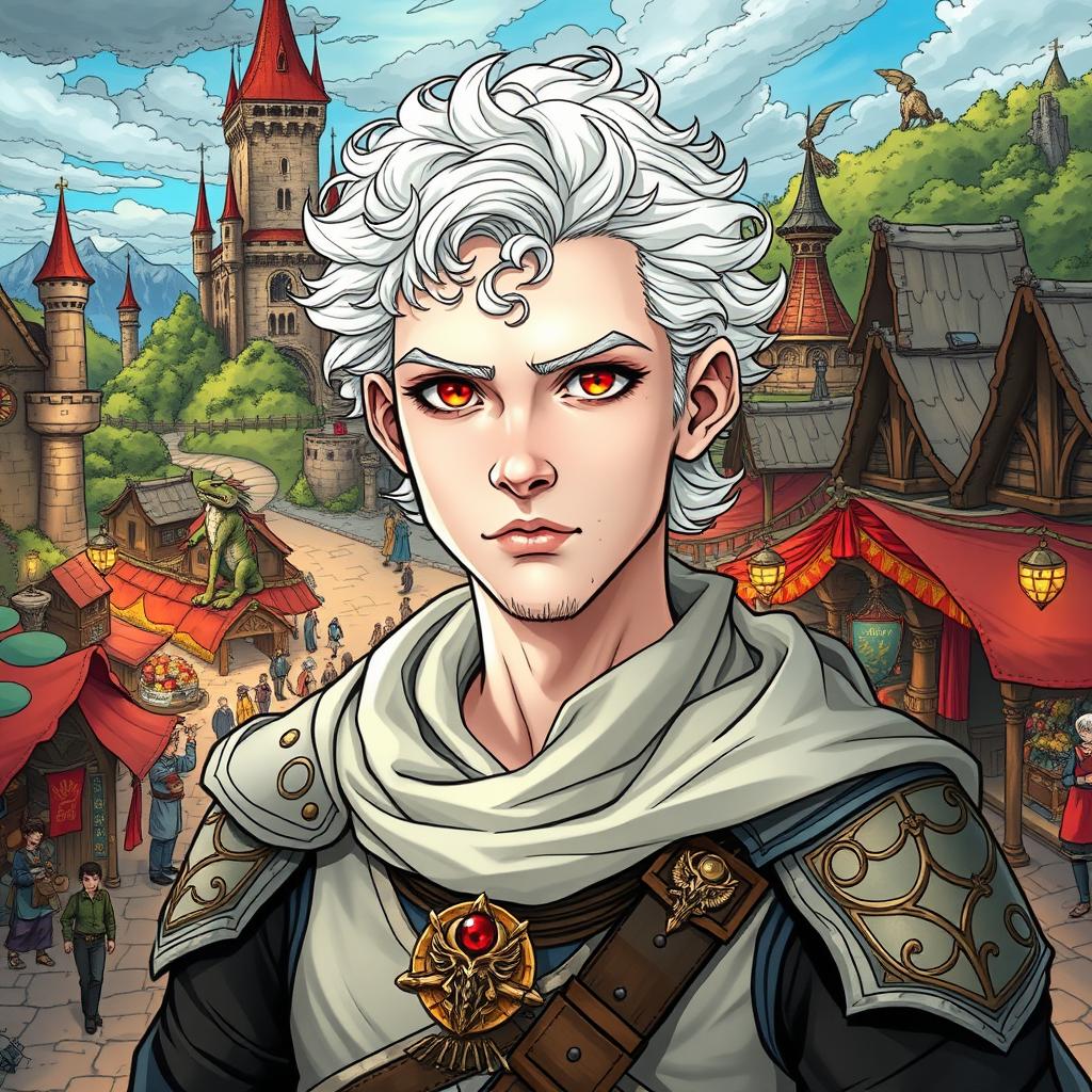 A 20-year-old albino man with pale skin, white curly hair, and vivid red eyes, illustrated in a fantasy Dungeons & Dragons medieval comic style