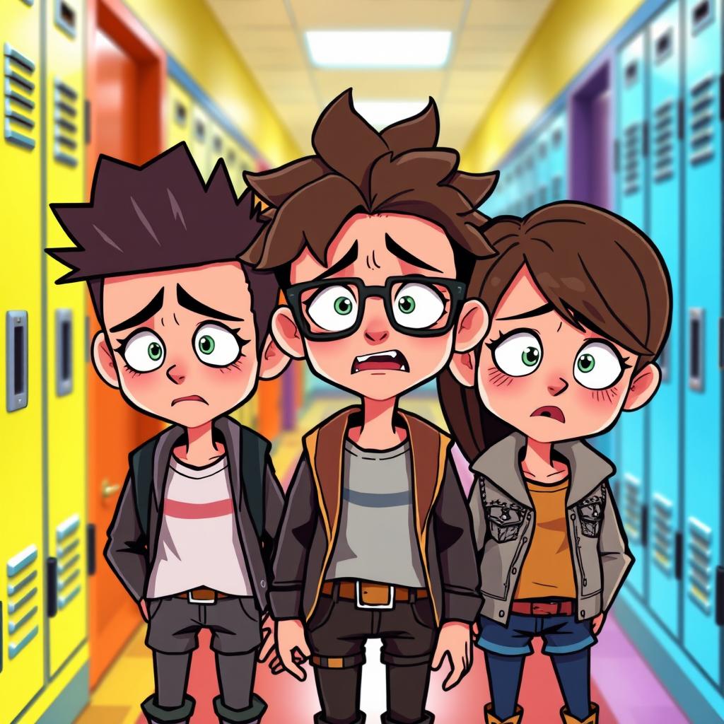 Three distraught animated students with expressive faces, conveying emotions of worry and concern